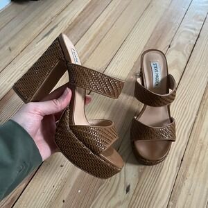 Steve Madden Womens 6M Woven Platform Block Heel Sandals Cognac Brown Mules